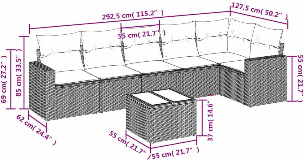 Sofa Sofos komplektas su pagalvėlėmis, 7 dalių, pilkas, poliratanas