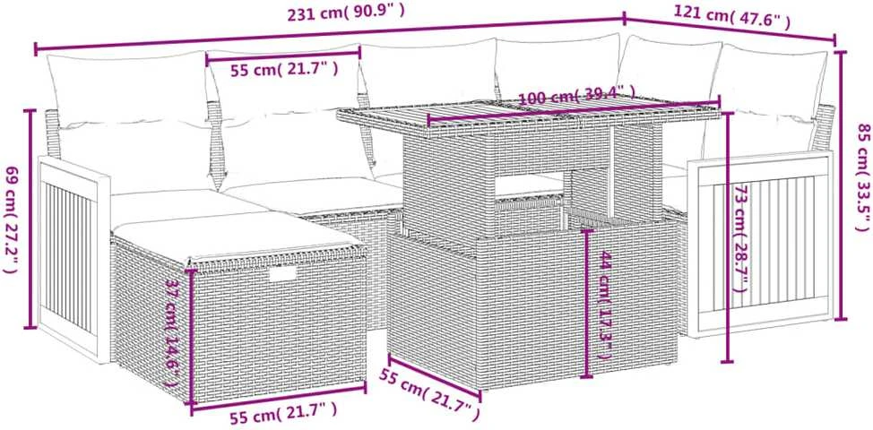 Lauko baldų komplektas Sofos komplektas su pagalvėlėmis, 7 dalių, juodas, poliratanas
