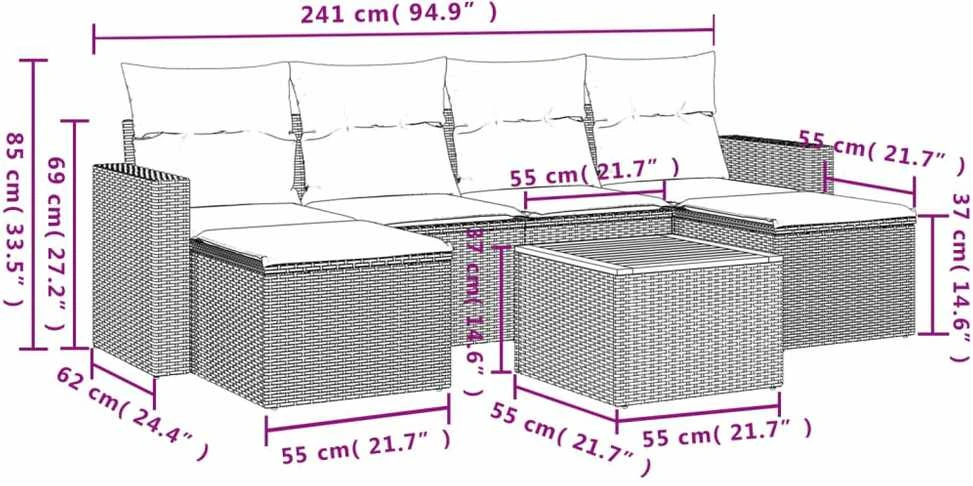 Sofos komplektas su pagalvėlėmis, 7 dalių, juodas, poliratanas