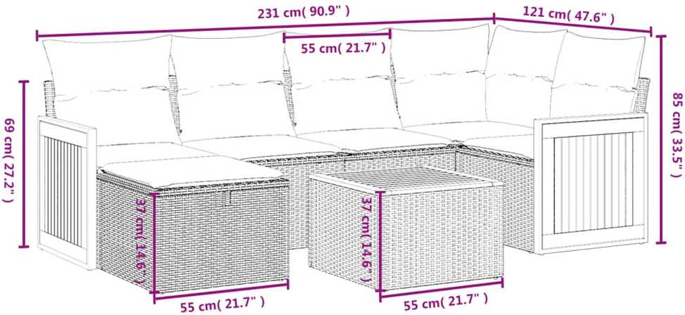 Lauko baldų komplektas Sofos komplektas su pagalvėlėmis, 7 dalių, juodas, poliratanas