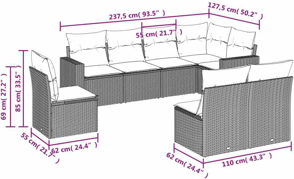 Sofos komplektas su pagalvėlėmis, 8 dalių, smėlio, poliratanas