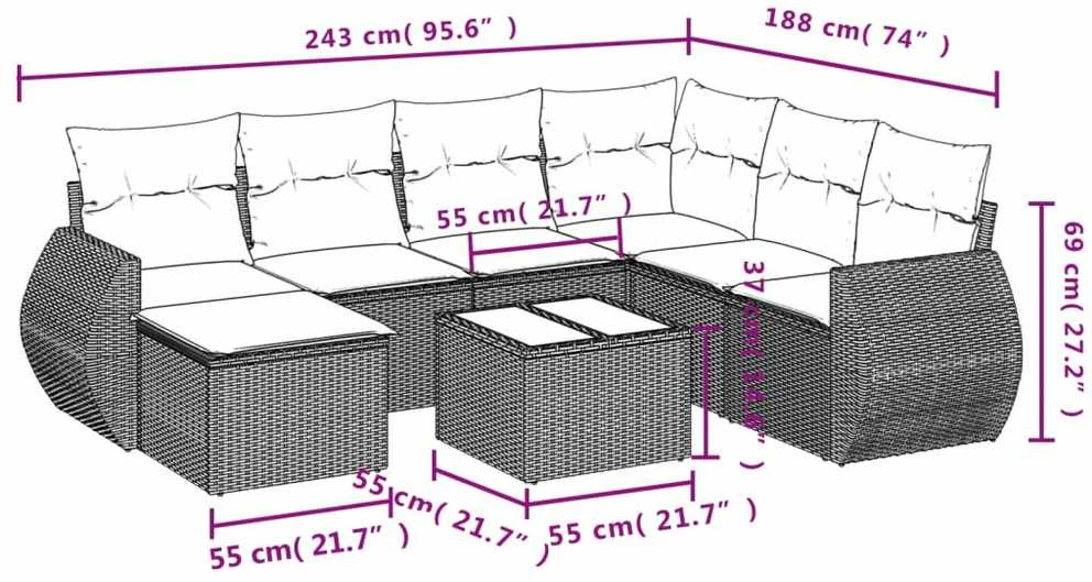 Sofos komplektas su pagalvėlėmis, 8 dalių, juodas, poliratanas