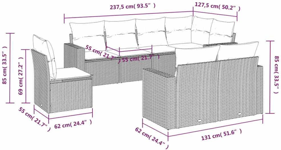 Sofos komplektas su pagalvėlėmis, 8 dalių, juodas, poliratanas