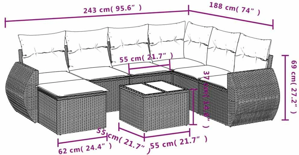 Sofa Sofos komplektas su pagalvėlėmis, 8 dalių, smėlio, poliratanas