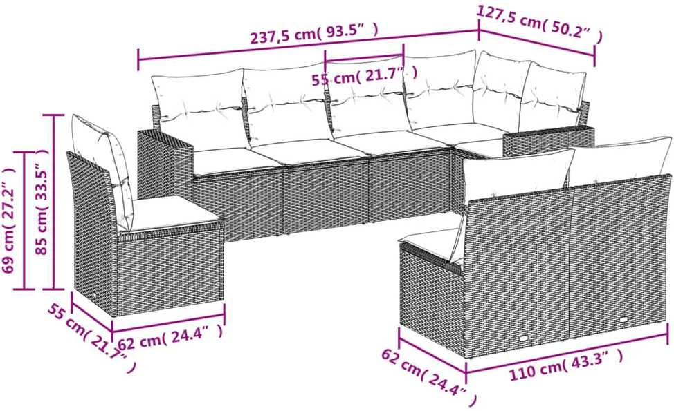 Sofa Sofos komplektas su pagalvėlėmis, 8 dalių, smėlio, poliratanas