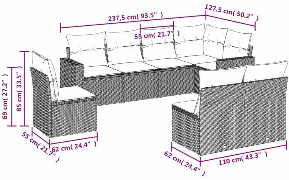 Sofos komplektas su pagalvėlėmis, 8 dalių, juodas, poliratanas