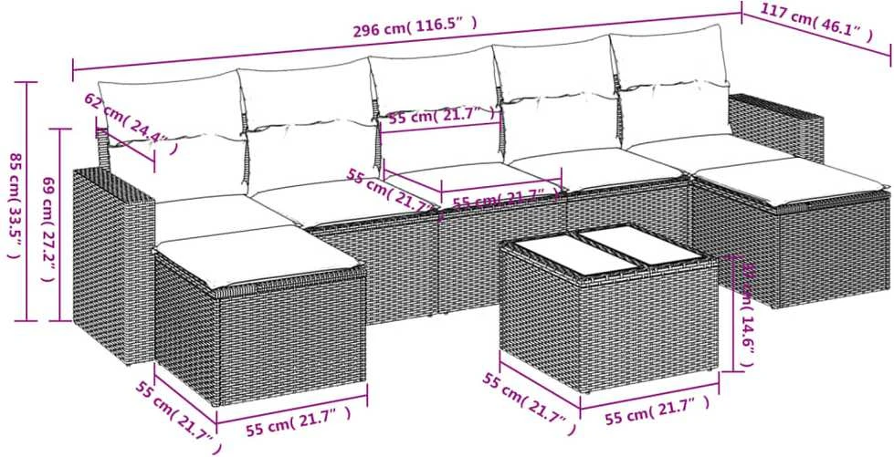 Sofa Sofos komplektas su pagalvėlėmis, 8 dalių, smėlio, poliratanas