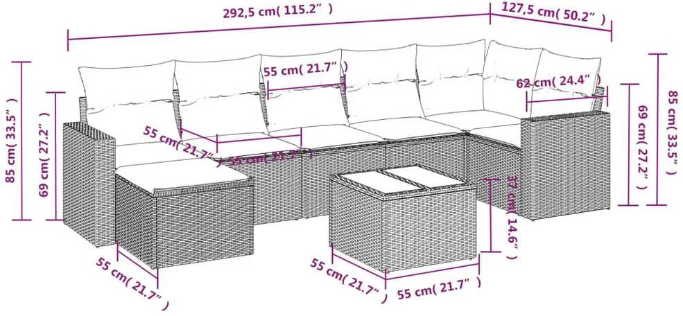 Sofos komplektas su pagalvėlėmis, 8 dalių, smėlio, poliratanas