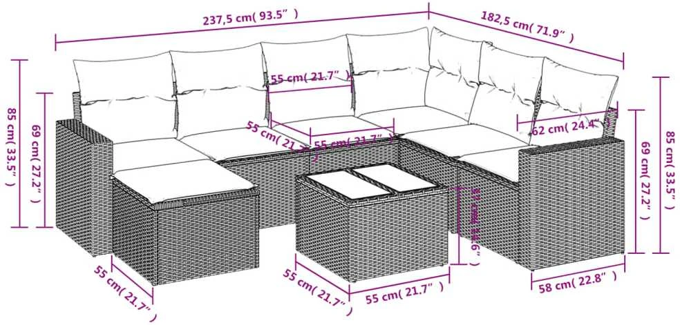 Sofa Sofos komplektas su pagalvėlėmis, 8 dalių, smėlio, poliratanas