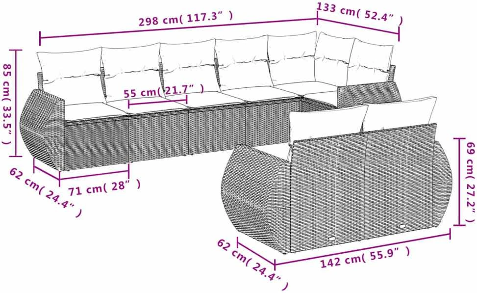 Sofos komplektas su pagalvėlėmis, 8 dalių, juodas, poliratanas
