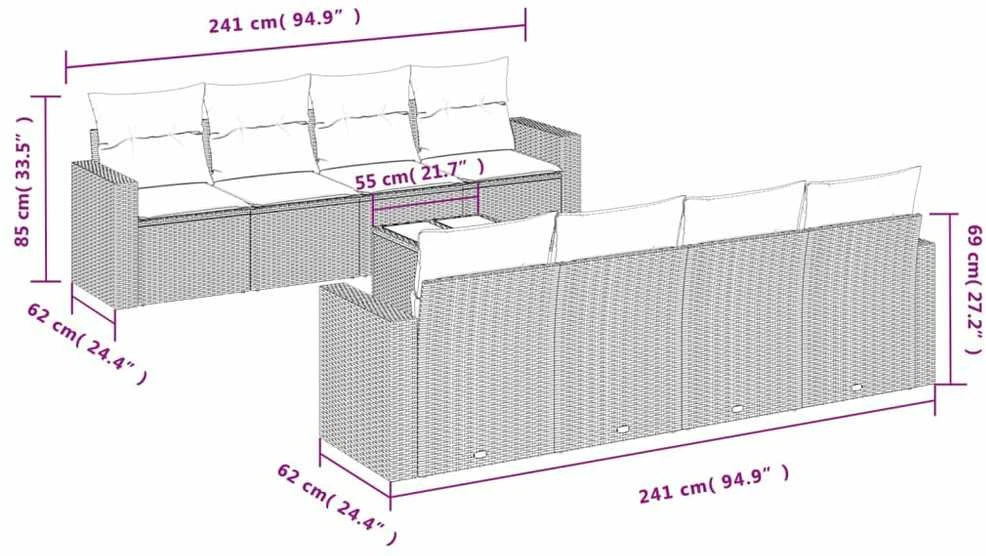 Sofa Sofos komplektas su pagalvėlėmis, 9 dalių, pilkas, poliratanas