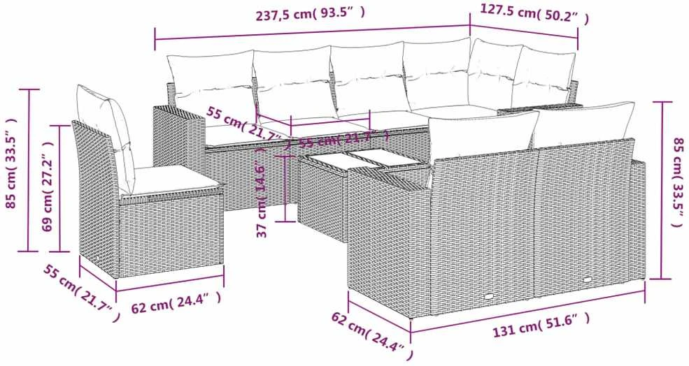 Sofa Sofos komplektas su pagalvėlėmis, 9 dalių, pilkas, poliratanas