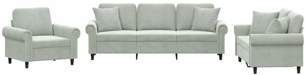 Sofa Sofos komplektas su pagalvėmis, 3 dalių, pilkas, aksomas