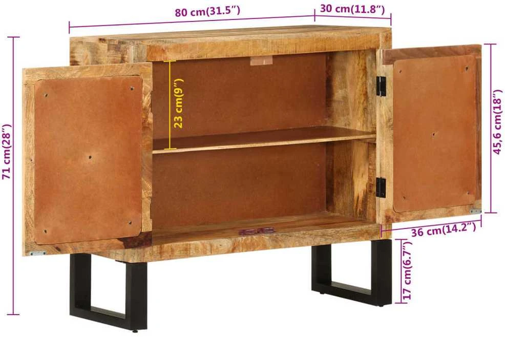 Šoninė spintelė, 80x30x71cm, neapdorotas mango masyvas/metalas