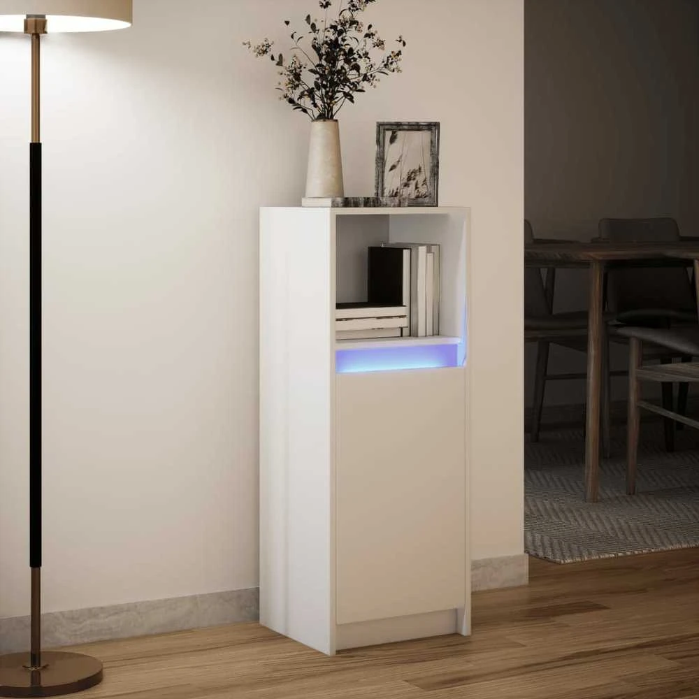 Šoninė spintelė su LED, balta, 38x34x100cm, apdirbta mediena