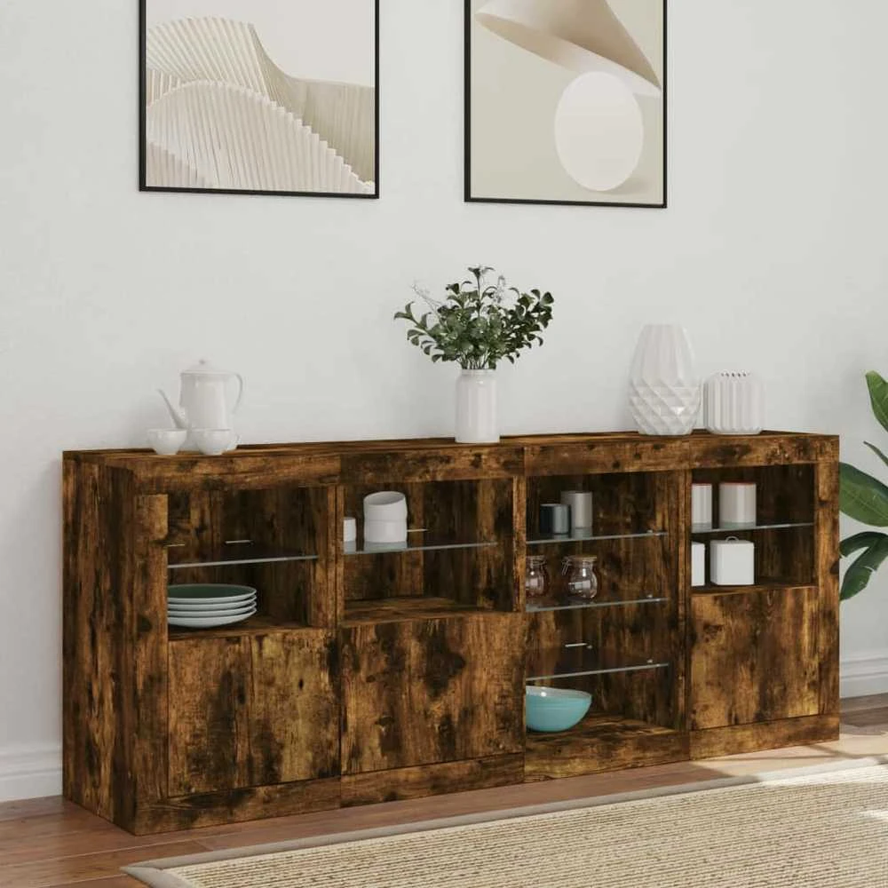 Šoninė spintelė su LED lemputėmis, dūminio ąžuolo, 164x37x67cm