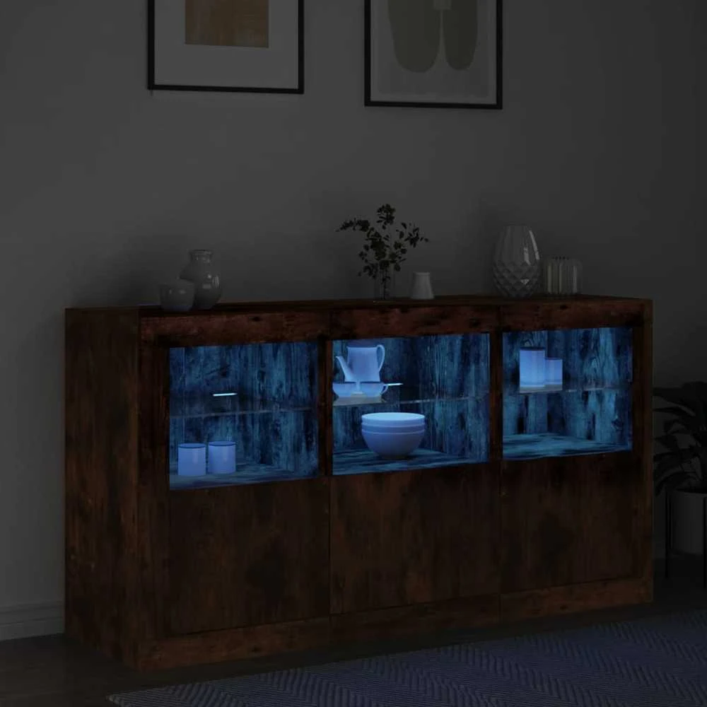 Šoninė spintelė su LED lemputėmis, dūminio ąžuolo, 123x37x67cm