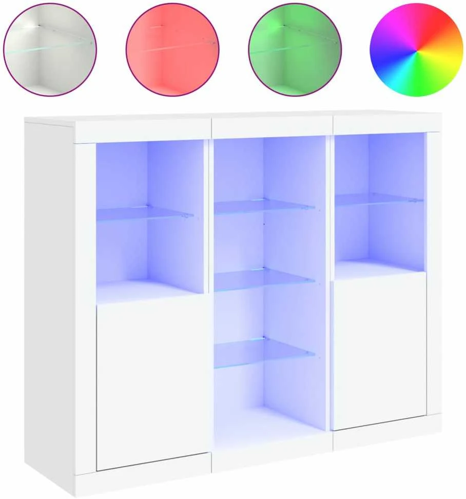 Šoninės spintelės su LED, 3vnt., baltos, apdirbta mediena