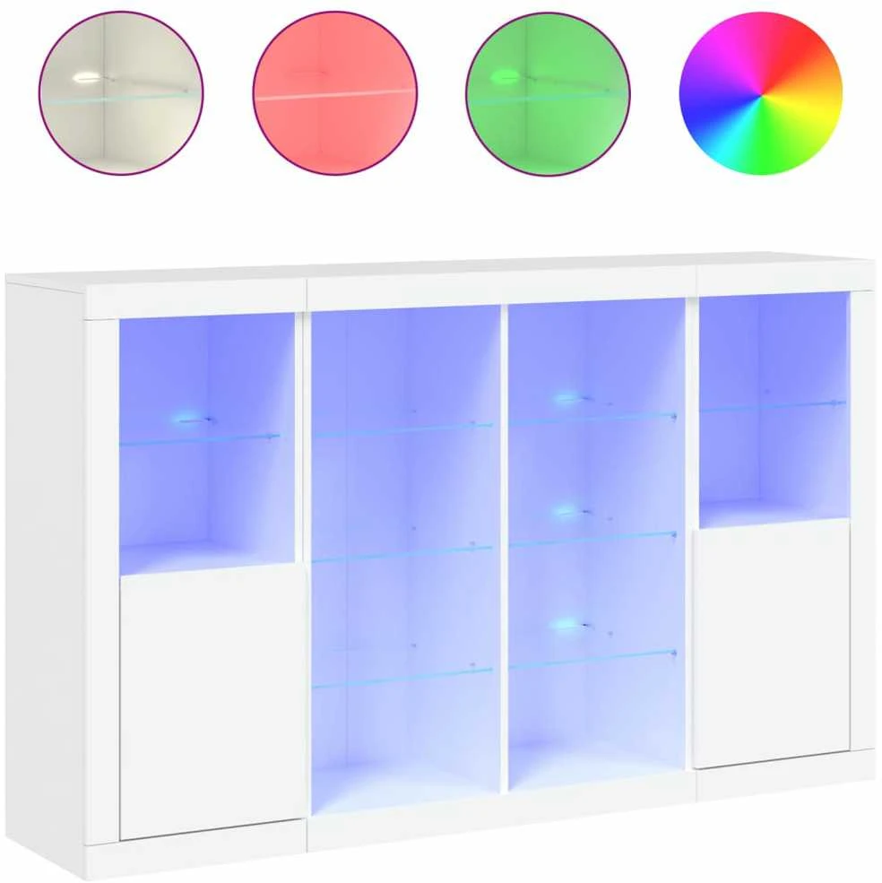 Šoninės spintelės su LED, 3vnt., baltos, apdirbta mediena