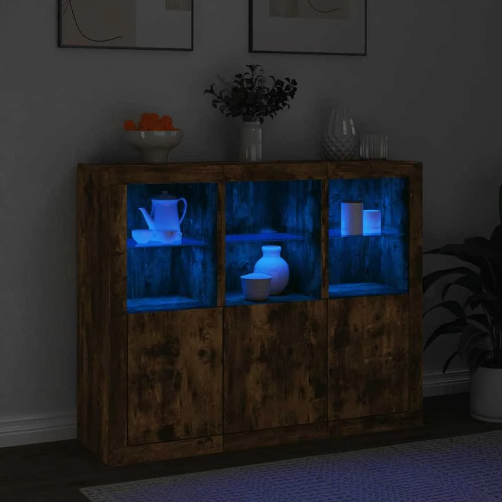 Šoninės spintelės su LED, 3vnt., dūminio ąžuolo, mediena