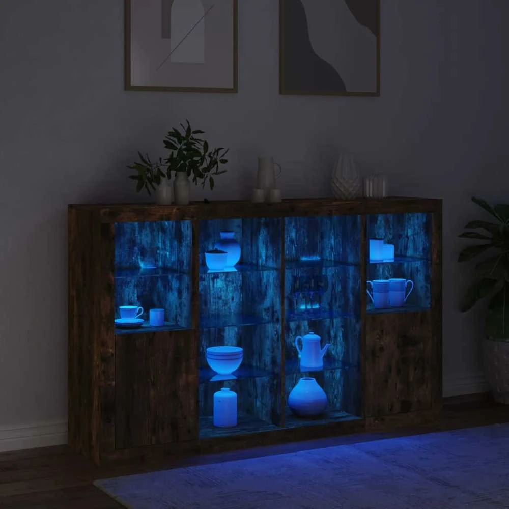 Šoninės spintelės su LED, 3vnt., dūminio ąžuolo, mediena