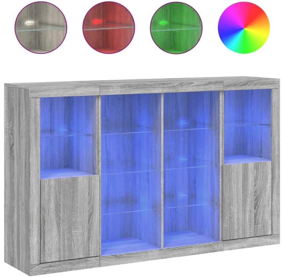 Šoninės spintelės su LED, 3vnt., pilkos ąžuolo, mediena