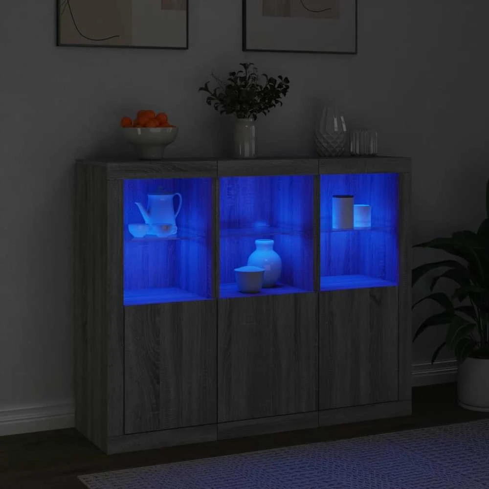 Šoninės spintelės su LED, 3vnt., pilkos ąžuolo, mediena