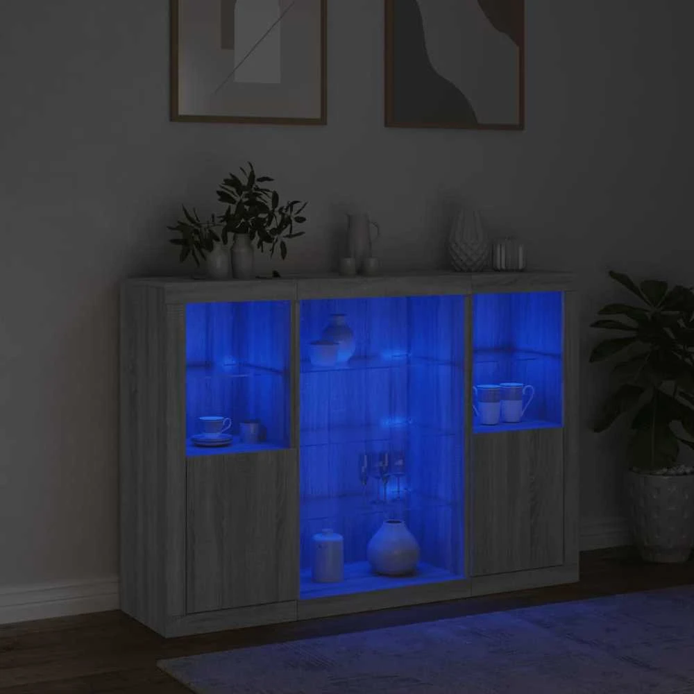 Šoninės spintelės su LED, 3vnt., pilkos ąžuolo, mediena