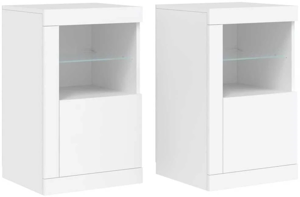 Šoninės spintelės su LED lemputėmis, 2vnt., baltos, mediena