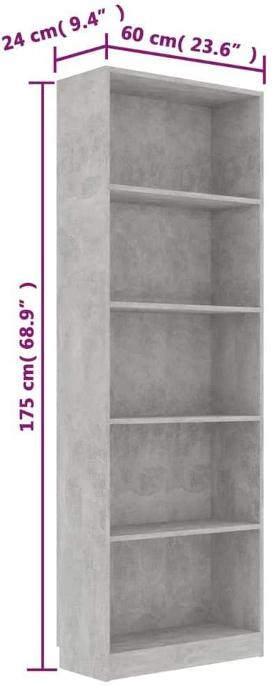 Spintelė knygoms, 5 aukštų, betono, 60x24x175cm, mediena