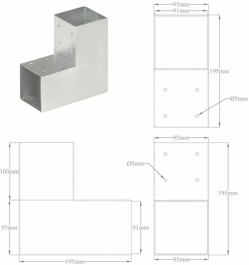 Stulpo sujungimas, 91x91mm, galvanizuotas metalas, L formos
