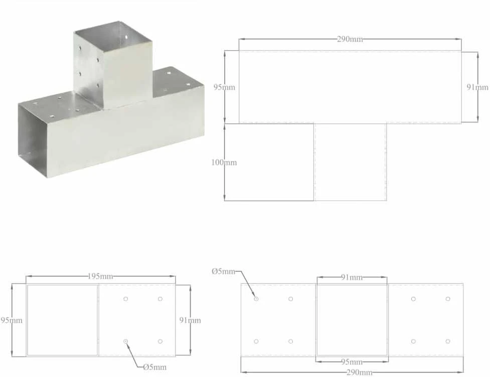 Stulpo sujungimas, 91x91mm, galvanizuotas metalas, T formos