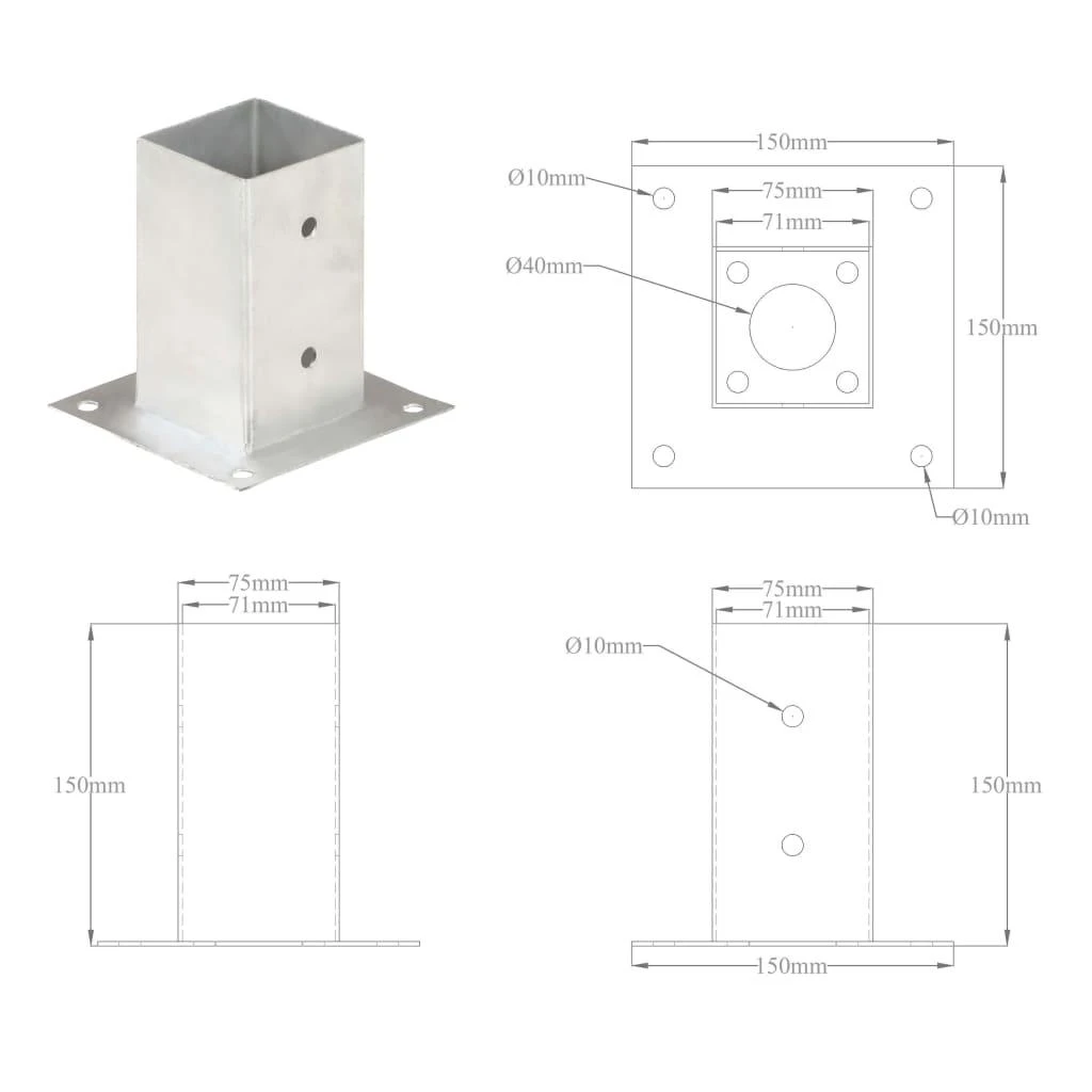 Stulpų pagrindai, 4vnt., galvanizuotas metalas, 71mm