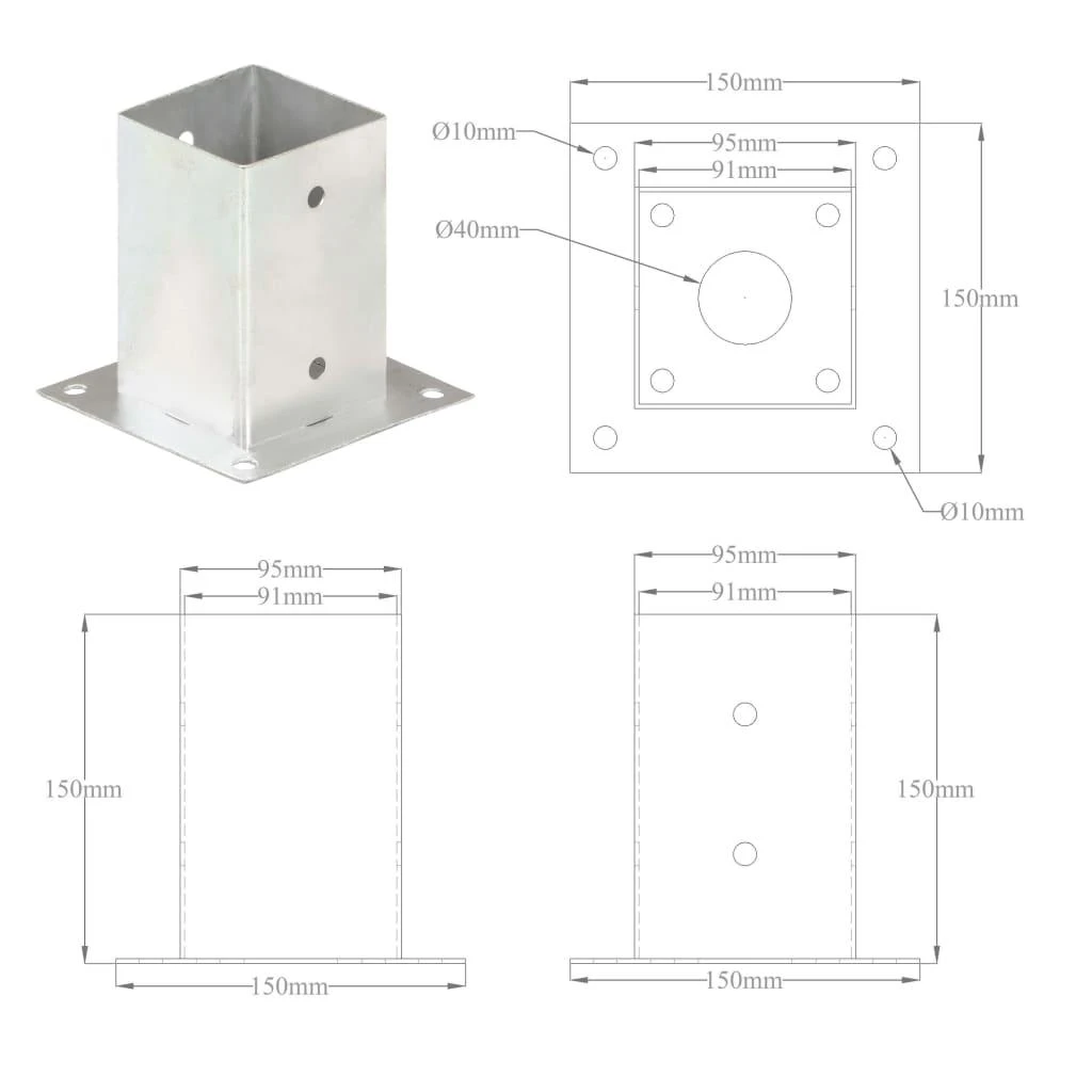 Stulpų pagrindai, 4vnt., galvanizuotas metalas, 91mm