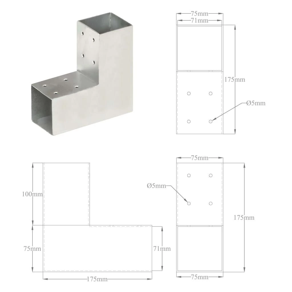 Stulpų sujungimai, 4vnt., 71x71mm, metalas, L formos