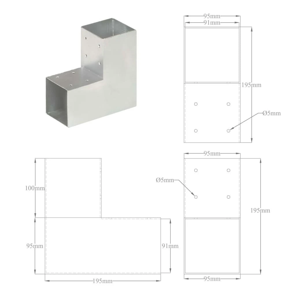 Stulpų sujungimai, 4vnt., 91x91mm, metalas, L formos