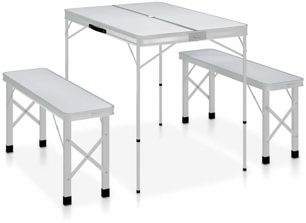 Sulankstomas stalas su 2 suoliukais, baltos spalvos, aliuminis