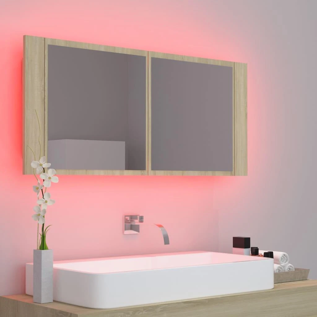 Veidrodinė vonios spintelė su LED, ąžuolo, 100x12x45cm, akrilas