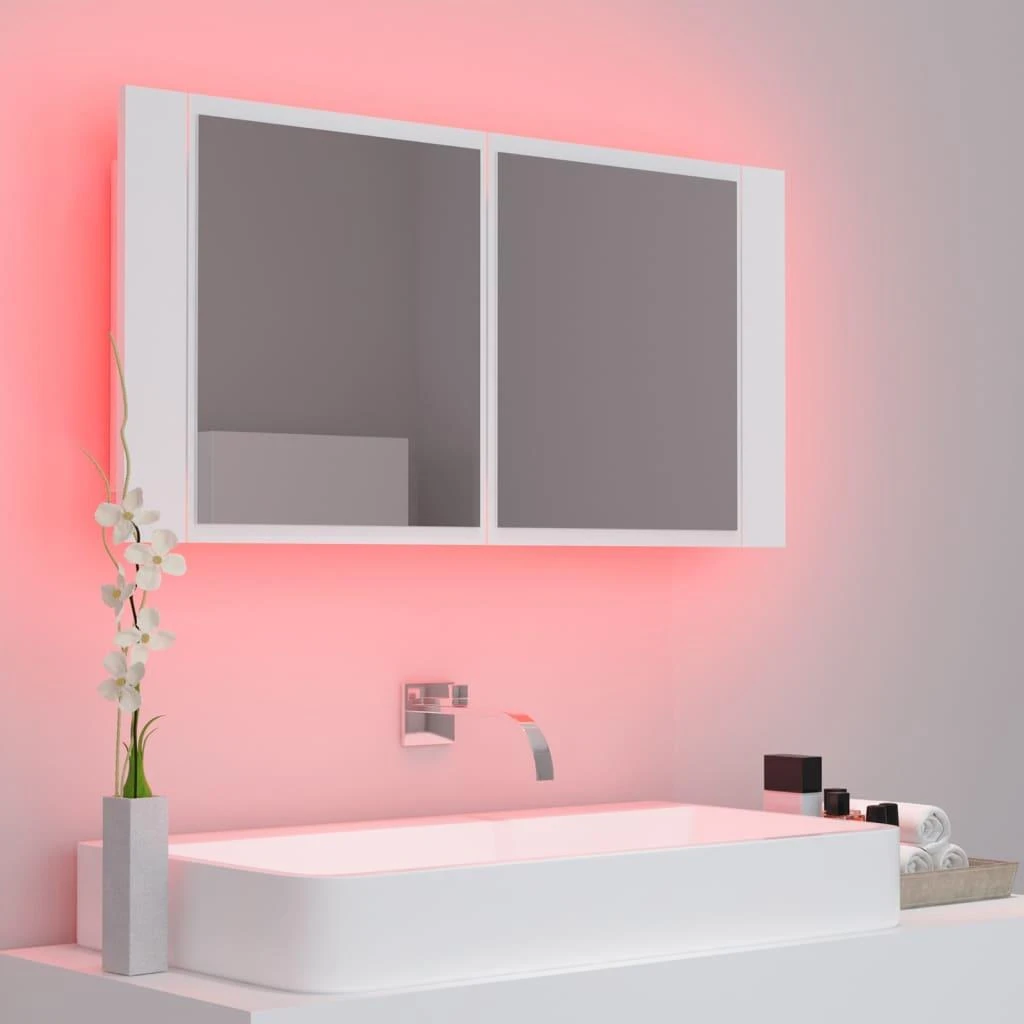 Veidrodinė vonios spintelė su LED, balta, 90x12x45cm, akrilas