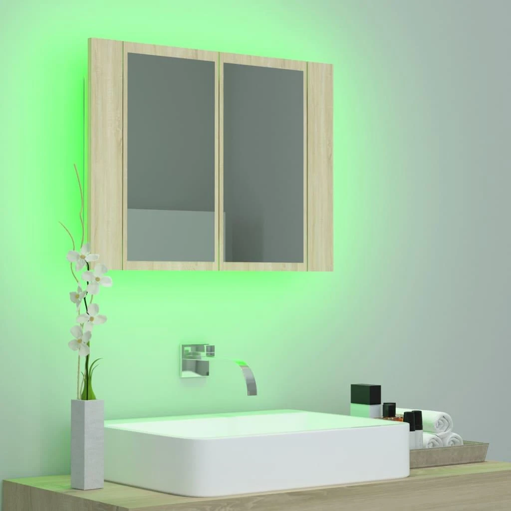 Veidrodinė vonios spintelė su LED, ąžuolo, 60x12x45cm, akrilas
