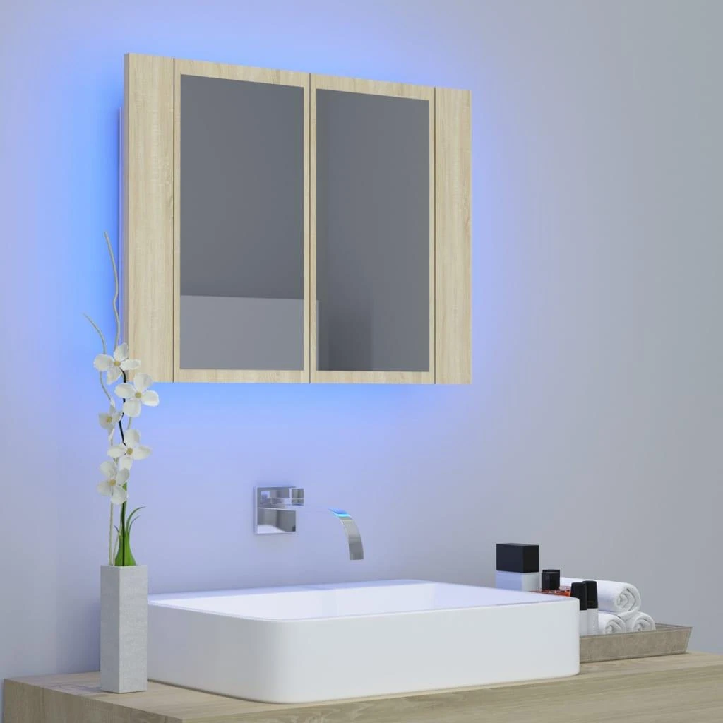 Veidrodinė vonios spintelė su LED, ąžuolo, 60x12x45cm, akrilas