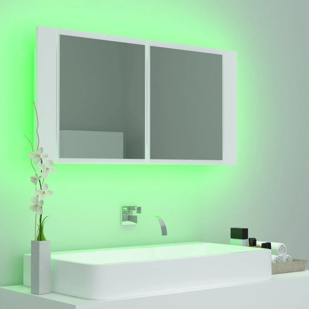 Veidrodinė vonios spintelė su LED, balta, 90x12x45cm, akrilas