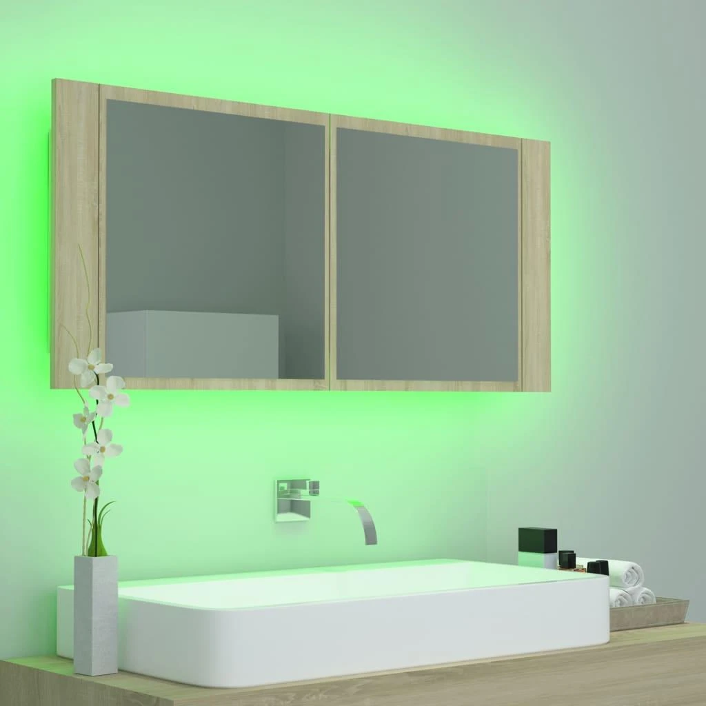 Veidrodinė vonios spintelė su LED, ąžuolo, 100x12x45cm, akrilas