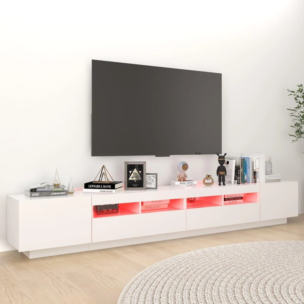 TV staliukas Televizoriaus spintelė su LED apšvietimu, balta, 260x35x40cm