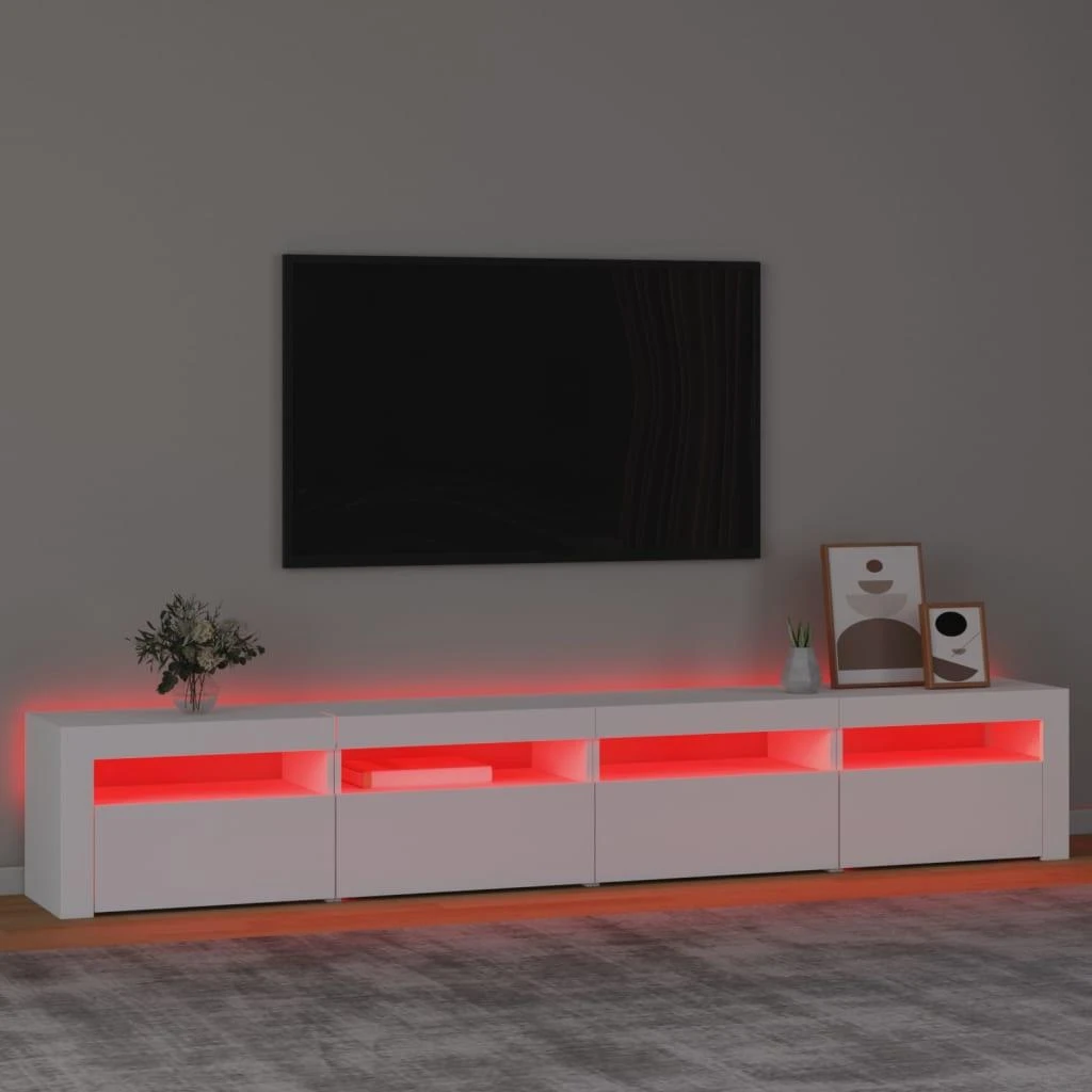 TV staliukas Televizoriaus spintelė su LED apšvietimu, balta, 240x35x40cm