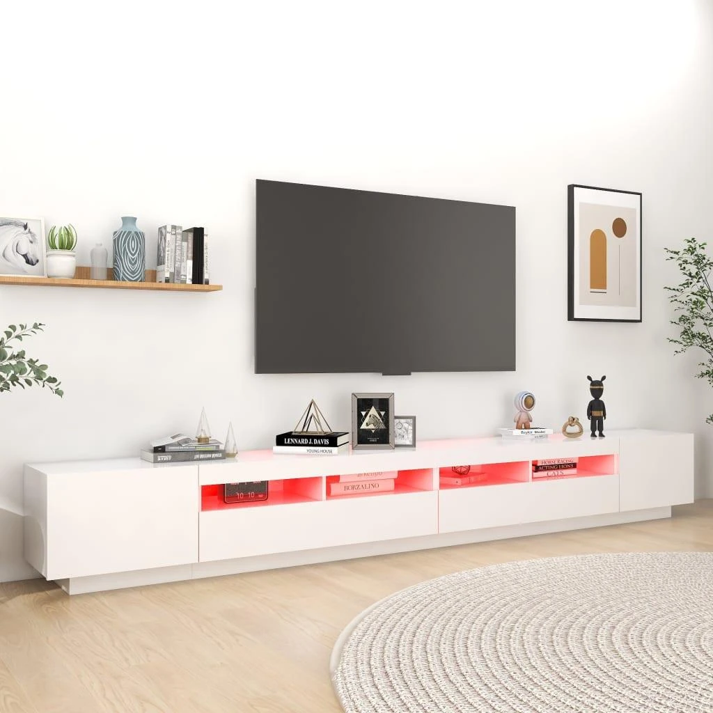 TV staliukas Televizoriaus spintelė su LED apšvietimu, balta, 300x35x40cm