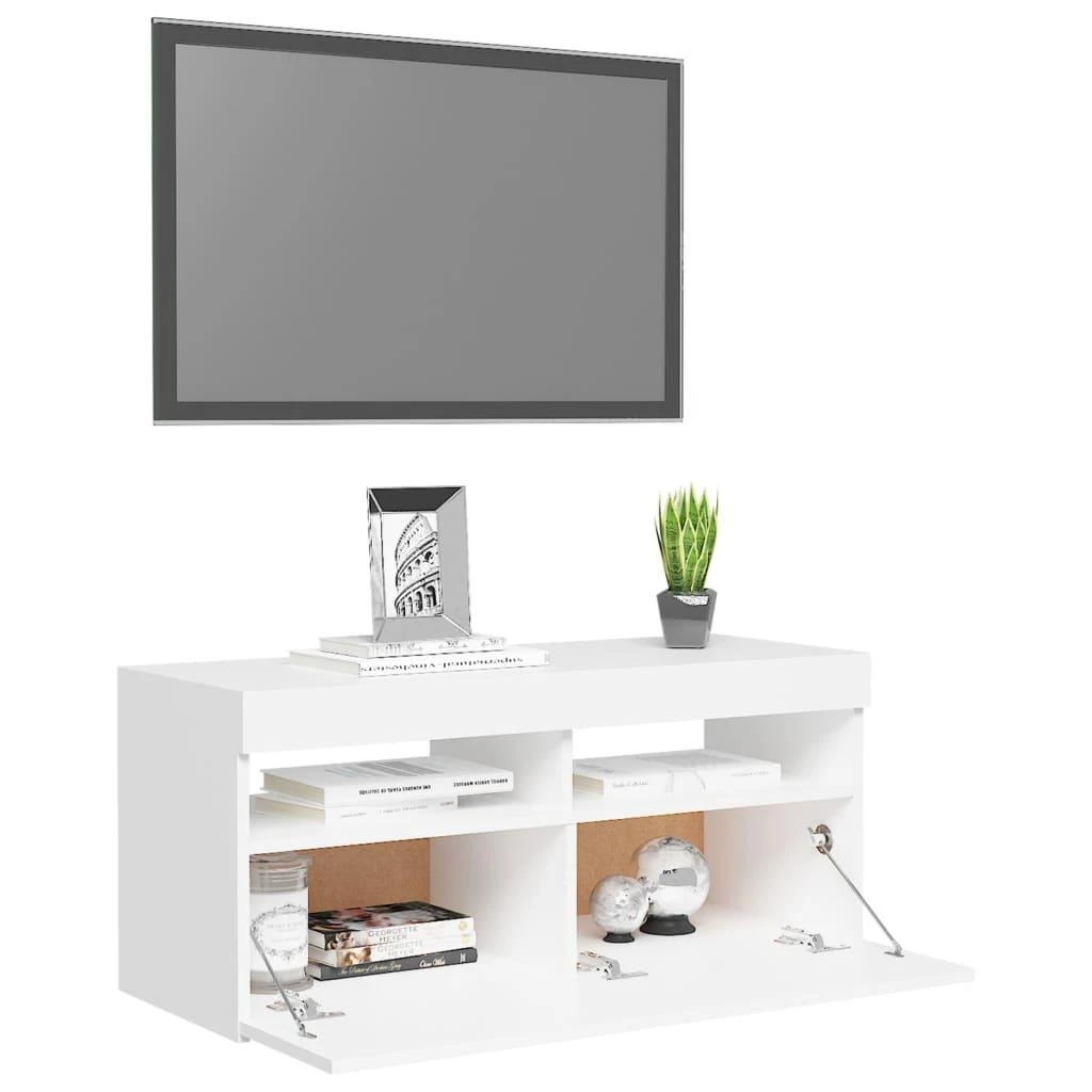 TV staliukas Televizoriaus spintelė su LED apšvietimu, balta, 90x35x40cm