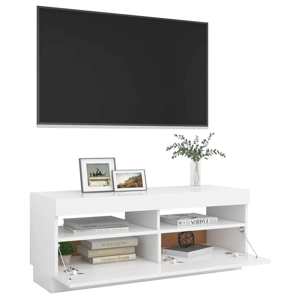 TV staliukas Televizoriaus spintelė su LED apšvietimu, balta, 100x35x40cm