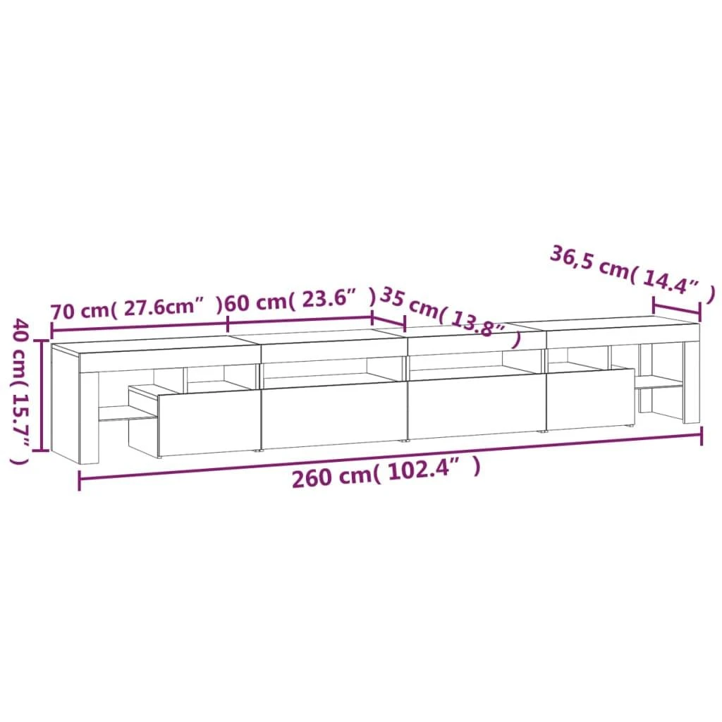 TV staliukas Televizoriaus spintelė su LED apšvietimu, balta, 260x36,5x40cm