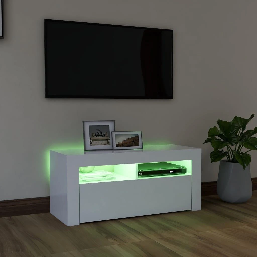 TV staliukas Televizoriaus spintelė su LED apšvietimu, balta, 90x35x40cm